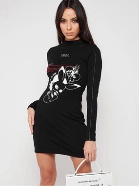 MANIERE DE VOIR 1991 WONDERLAND PRINT COOL GIRL BLACK DRESS SMALL